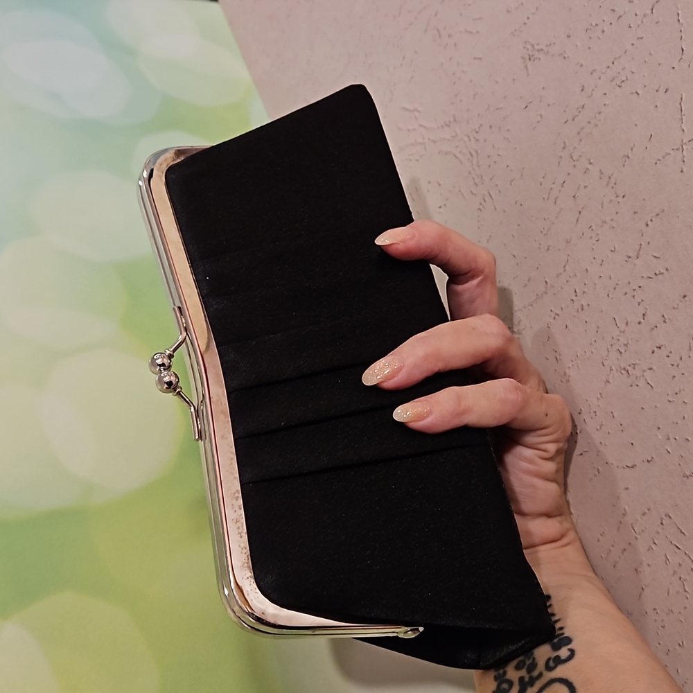 Black satin feel pleated design evening clutch crossbody goldtone hardware EUC